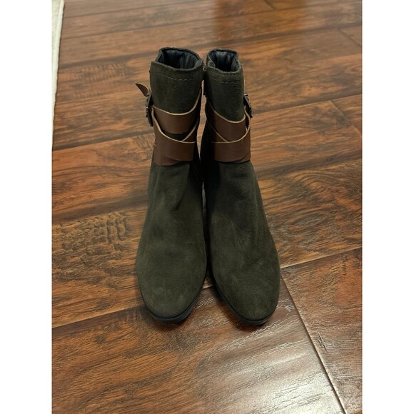 Skechers Agenda Olive Buckle Chucky Heel Suede Boots Size 7 - Picture 2 of 4